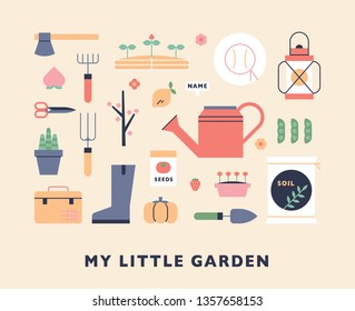 A set of spring garden tools. flat design style minimal vector illustration