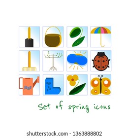 
Set of spring garden tools icons, umbrella, saplings, tree, shovel, rake, butterfly, boots, beetle, sun with a cloud, watering.