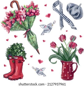 Set of spring. Spring garden, tulips, flowers, botany, love birds, March 8th. Women's holiday. Spring romantic paris fashion