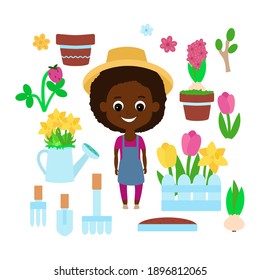 Set spring and gardening, girl, tulips, flower pots, decorative fences, daffodils, hyacinths and their bulb,  watering can with flowers, ceramic pots, rakes, shovels.