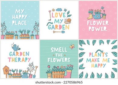 Set of spring and gardening greeting cards, posters, prints, invitations, templates, banners decorated with doodles and lettering quotes. EPS 10