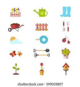 Set of Spring and Gardening Icons. Flat Design Style. 
