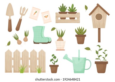 Set spring gardening wooden fence, birdhouse, flowerpot, hyacinth and wooden box isolated on white background. Textured, detailed objects decoration, beige elegant colour in cartoon style.