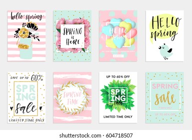 Set of Spring gift cards and posters with cute cartoon characters, signs and lettering. Vector illustration. Sale, hello spring flyer design