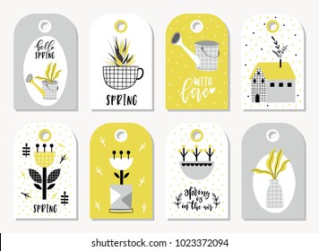 Set of Spring gift tags and labels with lettering, quotes, calligraphy, flowers, leaf. Vector illustration.