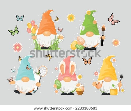 Set of spring gnomes with colorful hats, flowers, gardening, butterflies and celebration Easter