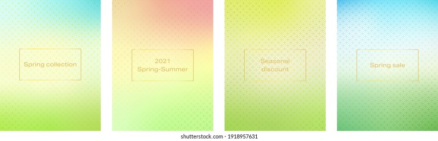 Set of spring gradient cover templates. For the design of brochures, flyers, presentations, product advertising.