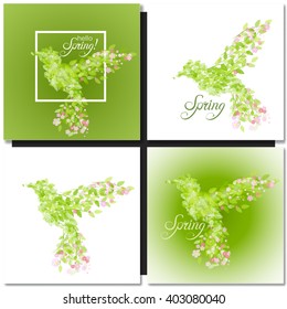 Set of spring green background with leaves and flowers shaped like bird. Bird shape springtime vector illustration