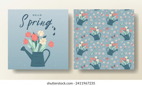 Set of Spring greeting card and seamless pattern with watering can and flowers, spring template. Hello Spring