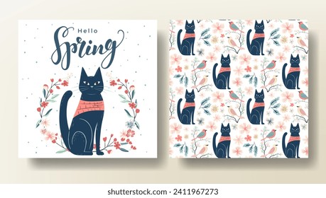 Set of Spring greeting card and seamless pattern with cat, spring template. Hello Spring