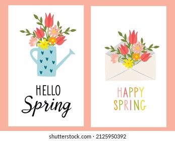 Set of Spring greeting cards with flowers, hand-drawn vector illustration.