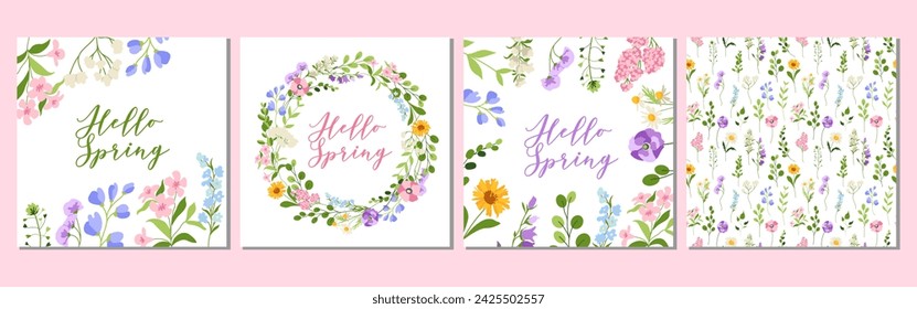 Set of Spring greeting cards with flowers, wreath, frame, seamless pattern, Hello spring illustration for postcard, poster, banner