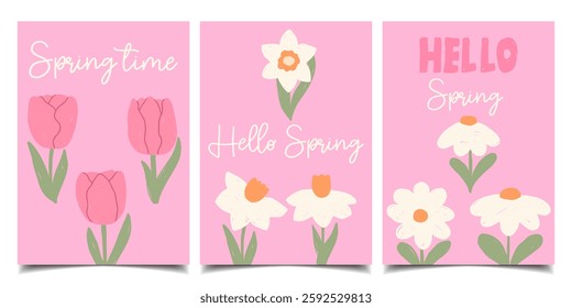 Set of spring greeting cards with hand drawn flowers