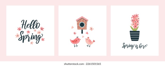 Set of spring greeting cards with hand-drawn lettering and cute illustrations. Flowers, birds, hearts. Seasonal poster, banner, invitation.
