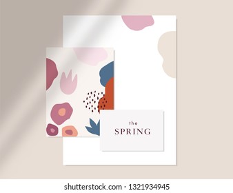 Set of spring, greeting cards, invitations and posters templates with abstract floral cotout pattern. Trendy shadow overlay. Stationery mockups. Vector illustration background with flowers. 