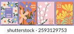 Set of  spring greeting cards or posters for the spring holiday with colorful floral illustrations in modern style. Hand drawn floral art template for Womens Day,  March 8, Mothers Day