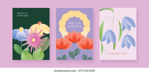 Conjunto de tarjetas de felicitación de primavera, carteles y Anuncios con flores pastel, hojas, hola tipografía de primavera, fondo degradado rosa. Ilustración vectorial plana, estilo geométrico.