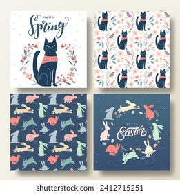 Juego de tarjetas de saludo de primavera y patrón sin fisuras con gatos y conejillos, plantilla de primavera. Felices Pascuas