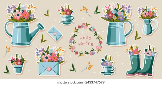 Set of spring hand drawn decorative stickers. Flowers, branches, bouquets, watering can, teapot, ruber boots. Spring holidays. Perfect for Valentine's Day, Women's Day, Easter, Mother's Day