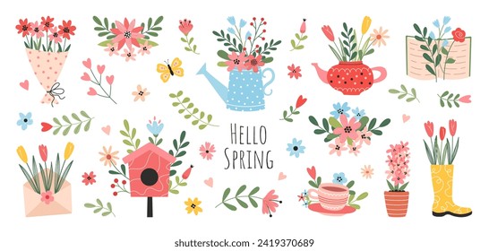 Set of spring hand drawn elements. Floral decor. Flowers, branches, bouquets, watering can, teapot, birdhouse. Spring holidays. Perfect for Valentine's Day, Women's Day, Easter, Mother's Day. 