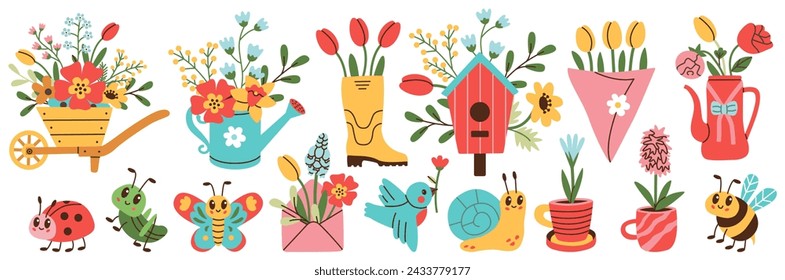 Set of spring hand drawn elements. Floral decor. Flowers, branches, bouquets, watering can, teapot, birdhouse, insects.