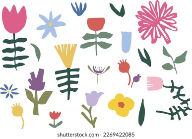 Ensemble de fleurs dessinées à la main de printemps, formes abstraites dessinées à la main, style scandinave pour motif de papier peint icônes cartes d'emballage