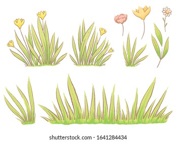 Set of spring herbs, plants and flowers. Imitation of handmade watercolor