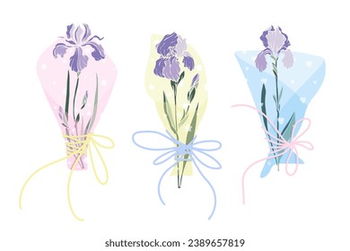 Set of spring holiday bouquets of flowers and iris buds. Vector graphics.