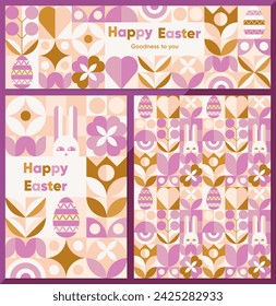 Set for the spring holiday Easter - a horizontal banner, a Happy Esther congratulatory poster and a seamless pattern in a geometric style in pastel colors. Vector illustration
