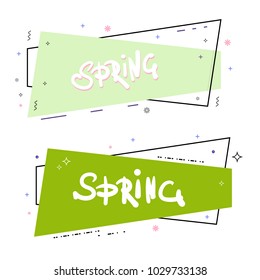 Set of Spring horizontal green banners with frame and geometric decorative shapes.  Element for graphic design - poster, flyer, brochure, card, tag, sticker, badge. Vector illustration.