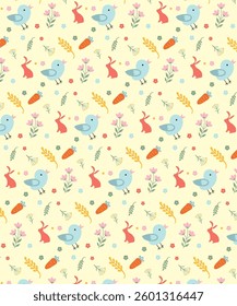 A set of spring icon with bird, rabbit, carrot, flowers and leaves.