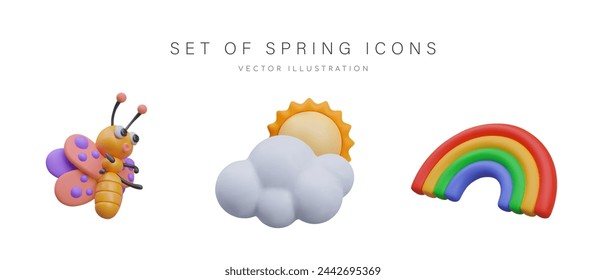 Set of spring icons in cartoon style. 3D butterfly, sun with cloud, rainbow