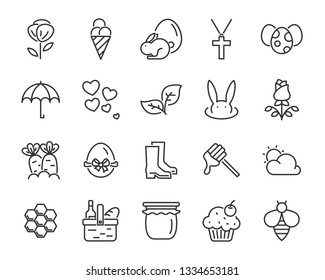 set of spring icons , such as harvest, farm, easter, flower, rain, garden