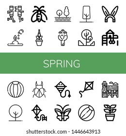 Set of spring icons such as Mosh, Plant, Moth, Tree, Roses, Rabbit, Playground, Beach ball, Beetle, Kite, Butterfly, Mimosa , spring