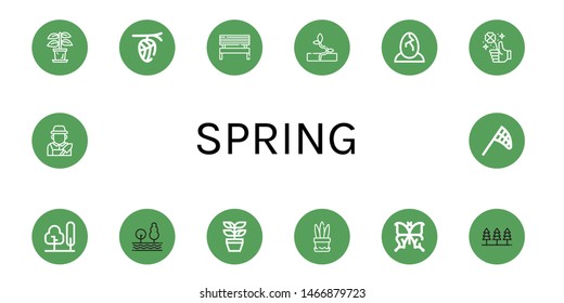 Set of spring icons such as Plant, Cocoon, Bench, Sprout, Eggs, Clover, Tree, Butterfly, Forest, Gardener, Butterfly net , spring