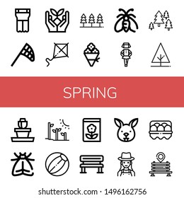 Set of spring icons such as Planter, Butterfly net, Sprout, Kite, Forest, Flower bouquet, Moth, Irish, Tree, Flower pot, Plant tree, Beach ball, Gardening, Bench, Bunny , spring