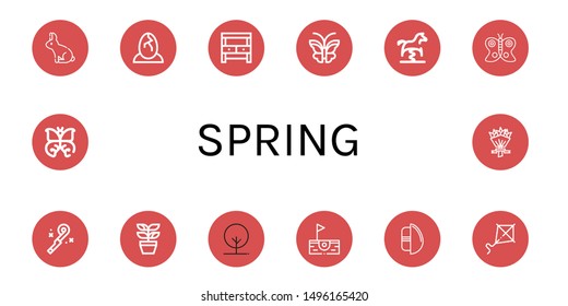 Set of spring icons such as Rabbit, Eggs, Potting bench, Butterfly, Spring swing horse, Blower, Plant, Tree, Birdie, Chocolate egg, Kite, Flower bouquet , spring