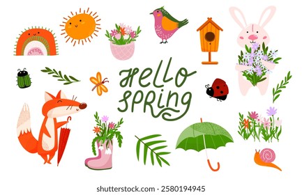 Set of spring illustration with animals, flowers, insects, the sun. Elements for stickers, greeting cards, posters, children books, and seasonal designs