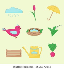 Set of spring illustrations with outline, shadow and highlights. Spring rain. Tulip. Bird. Nest with eggs. Watering can. Box. Umbrella. Lily of the valley. Radish. Color yellow, pink, green, brown and