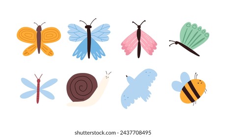 Set of spring insects and animals in cartoon flat style, vector illustration isolated on white background. Cute hand drawn butterflies, dragonfly, snail, bird and bee. Simple naive art.