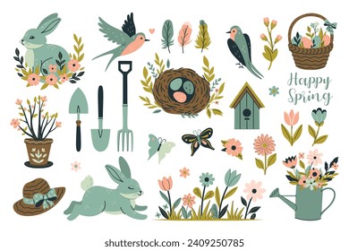 Set of spring items, swallows, rabbits, flowers, eggs. Vector graphics.