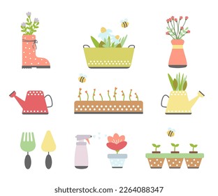 Set of spring items. Tools for working in the garden and in the garden. Spring. The concept of spring work in nature