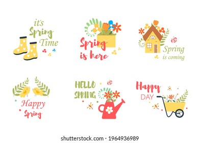Set of spring labels with lettering, flowers, cute elements. Hand drawn vector illustration.