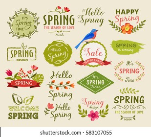 Set of Spring labels, signs and banners with hand drawn illustration and handwritten calligraphy text.