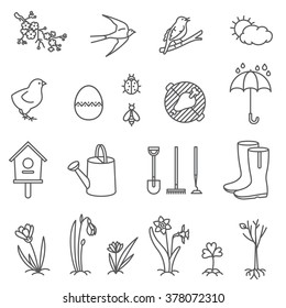 Set of Spring Line icons.
Spring flowers, weather, gardening and holiday icons.