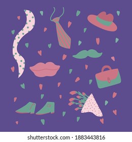 Set for spring lovers. The illustration is hand-drawn in the Doodle style. Drawing tie, lips, moustache for men, briefcase, flower, shoes, bouquet, hat with brim, spring scarf. Collection for creating