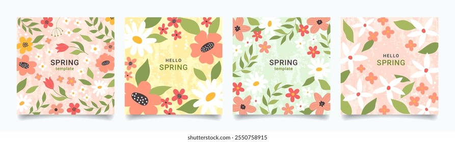 Set of spring minimalist floral backgrounds with abstract flowers and green leaves. Hand drawn pastel vector templates for card, banner, cover, poster, social media post.