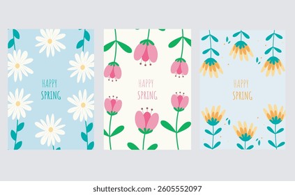  Set of spring modern backgrounds with minimalist flowers. 