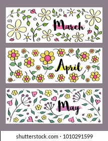 Set of Spring months banner vectors. March, April, May floral card templates.