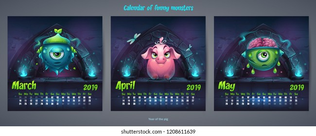 Set of spring months calendar 2019. For web, video games, user interface, design, print